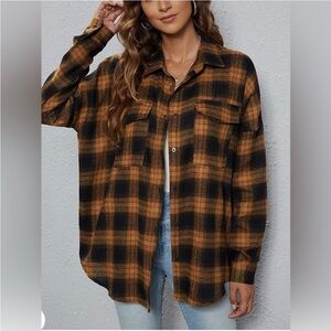 Oversized Loose Fit Plaid Button-Up Shirt in Black and Brown